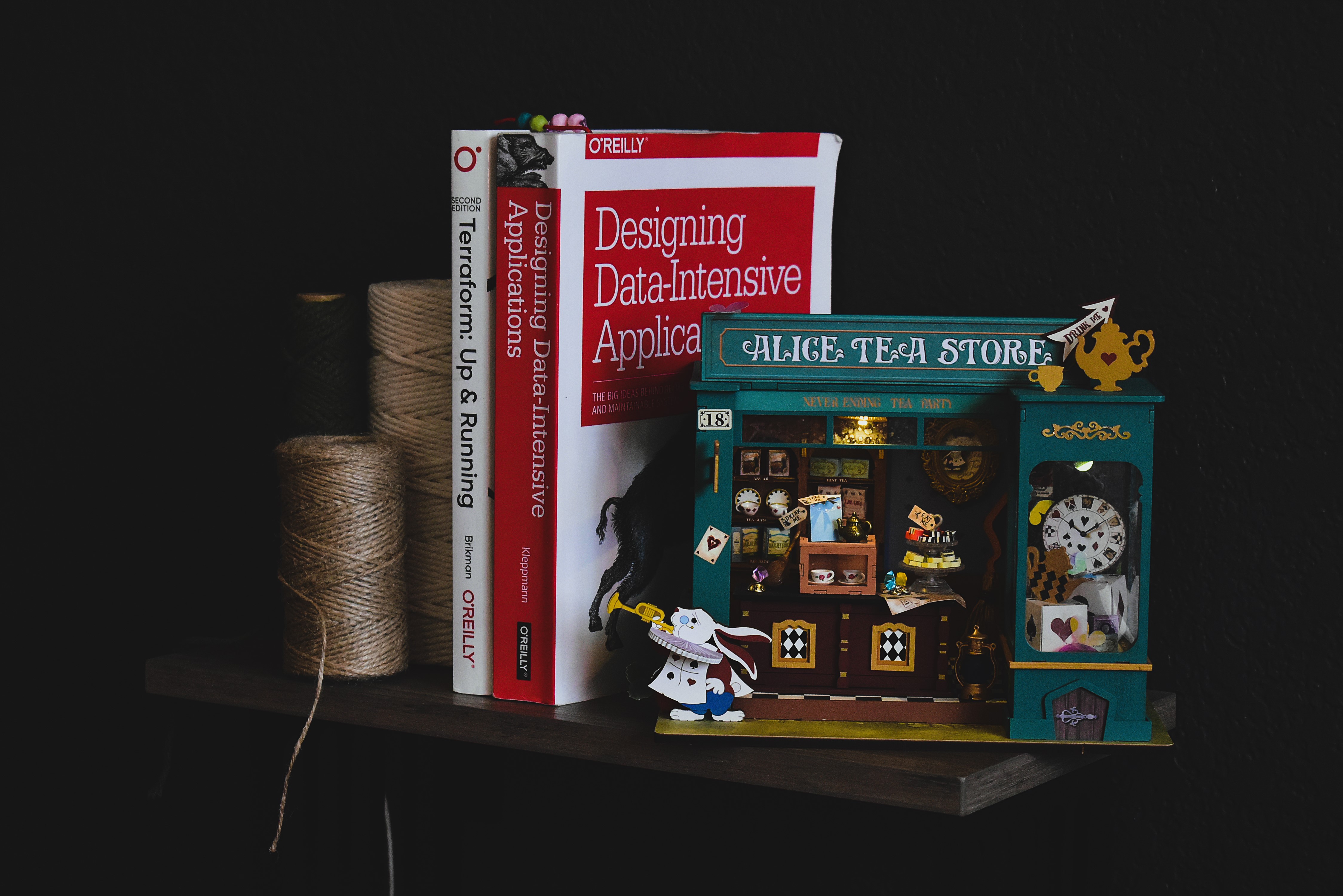 Technical books held between spools of macrame twine and a handmade Alice Tea Store book nook on a wooden shelf
