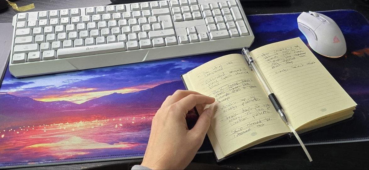 Notebook open with ideas crossed out for a project