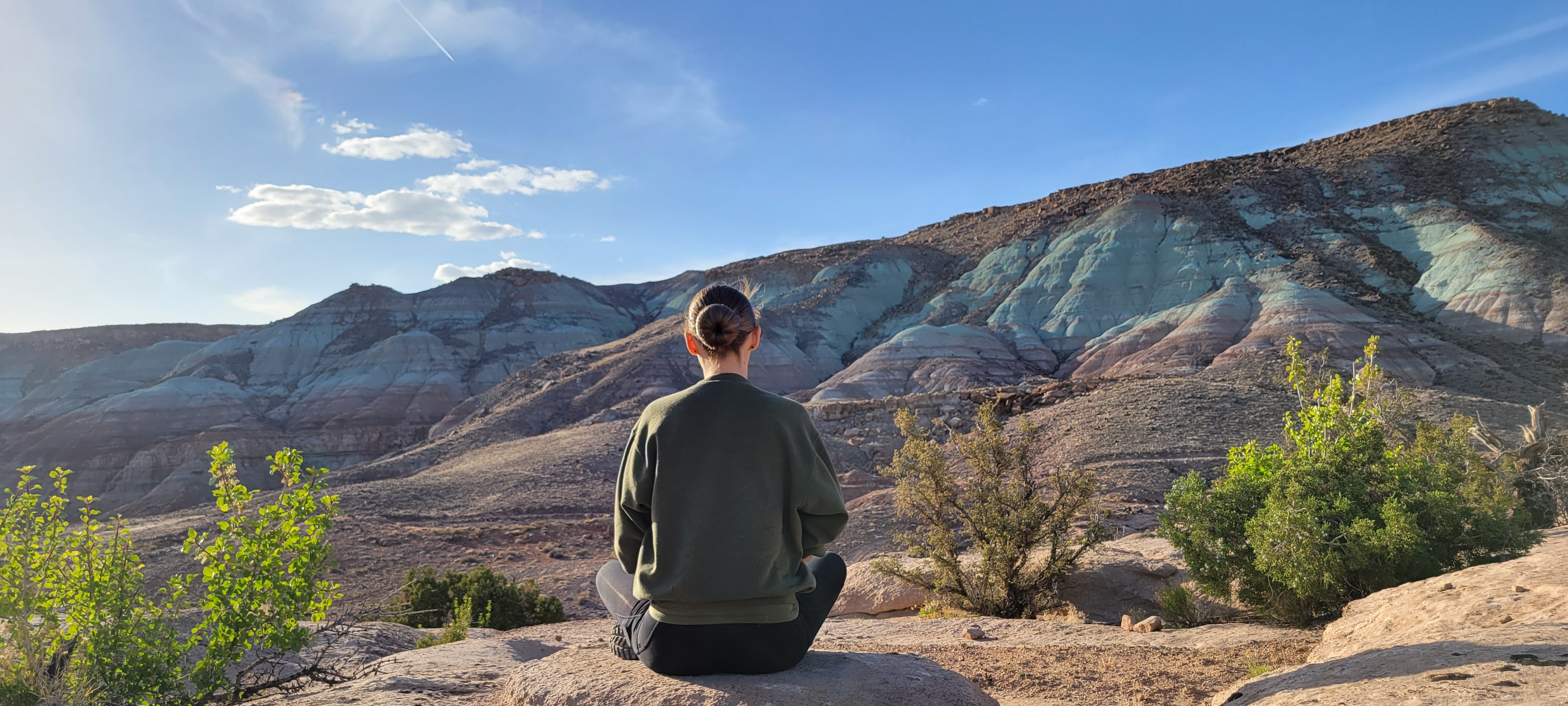 Lilli in contemplation overlooking layered landscape, symbolizing discernment and reading creative energy cycles